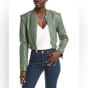 SIMKHAI Doreen Bomber Jacket Park Slope Green Faux Leather Zip